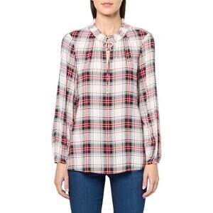 Tommy Hilfiger red white green plaid tie neck long sleeve pull over top size M